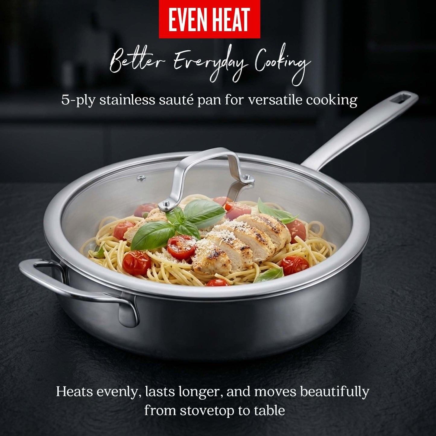 5-Ply Stainless Steel Sauté Pan with Lid, 4-Qt