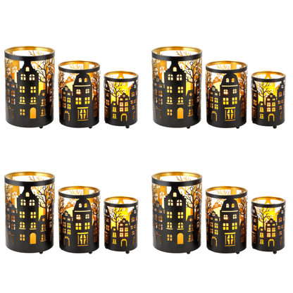 12PCS Village Silhouette Candle Lantern 7.5" H Etched Bronze Metal Candle Holder Decorations for Living Room Tabletop Parties Patio Entryway Indoors Outdoors