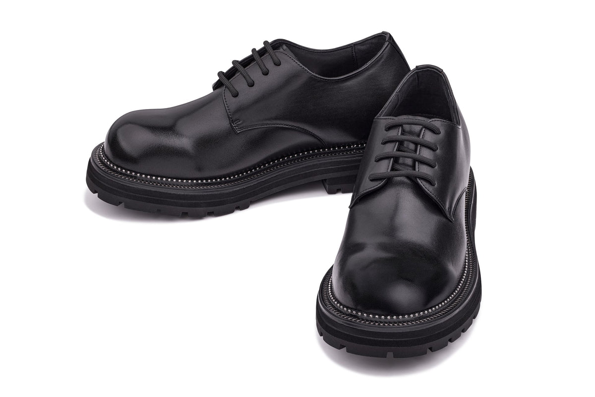 TOTO - W0981 - 3.3 Inches Taller (Black) - Low Top Chunky Sole Casual Derbies
