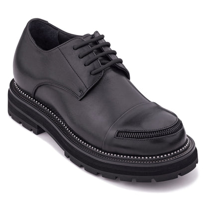 TOTO - W0982 - 3.3 Inches Taller (Black) - Low Top Chunky Sole Cap-Toe Casual Derbies