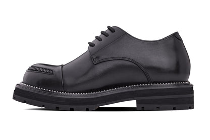 TOTO - W0982 - 3.3 Inches Taller (Black) - Low Top Chunky Sole Cap-Toe Casual Derbies