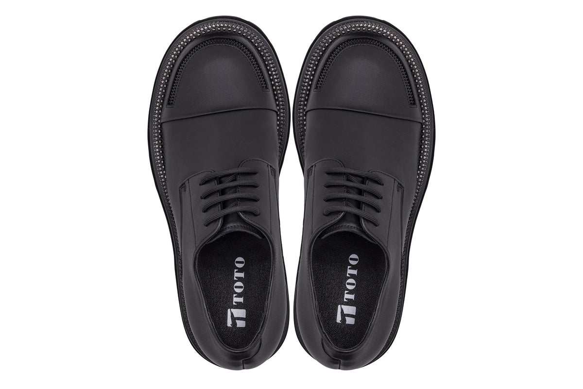 TOTO - W0982 - 3.3 Inches Taller (Black) - Low Top Chunky Sole Cap-Toe Casual Derbies