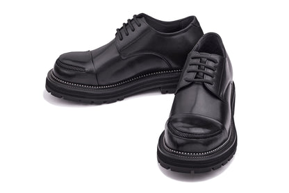 TOTO - W0982 - 3.3 Inches Taller (Black) - Low Top Chunky Sole Cap-Toe Casual Derbies