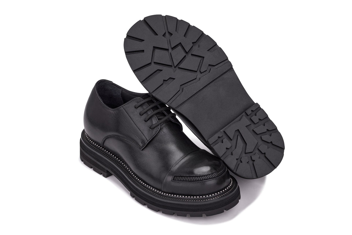 TOTO - W0982 - 3.3 Inches Taller (Black) - Low Top Chunky Sole Cap-Toe Casual Derbies
