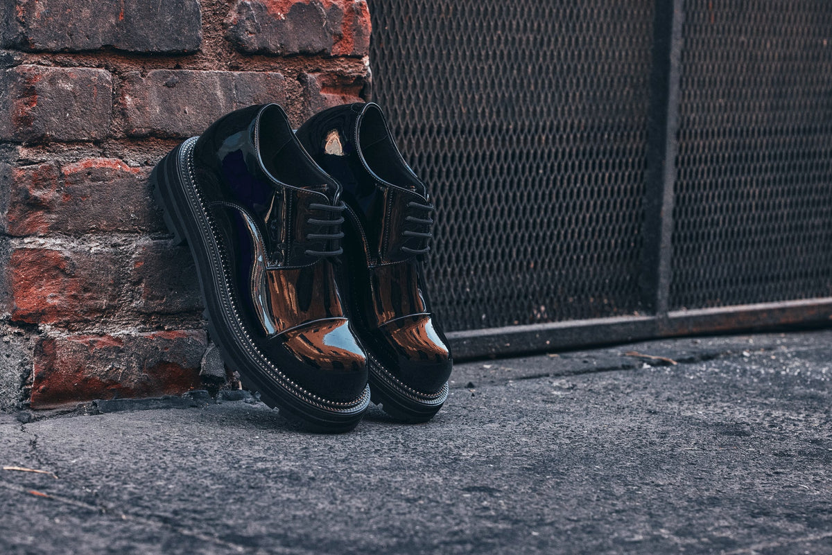 TOTO - W0983 - 3.3 Inches Taller (Black Patent Leather) - Low Top Chunky Sole Cap-Toe Casual Derbies