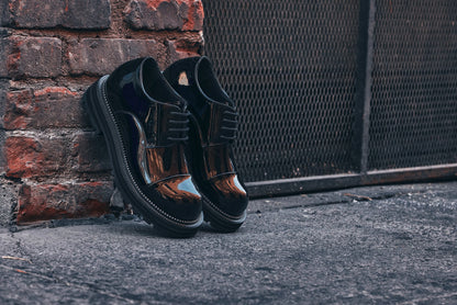 TOTO - W0983 - 3.3 Inches Taller (Black Patent Leather) - Low Top Chunky Sole Cap-Toe Casual Derbies