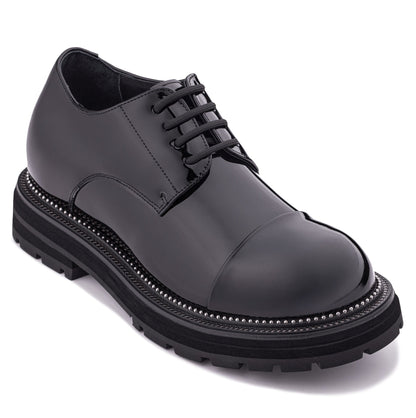 TOTO - W0983 - 3.3 Inches Taller (Black Patent Leather) - Low Top Chunky Sole Cap-Toe Casual Derbies