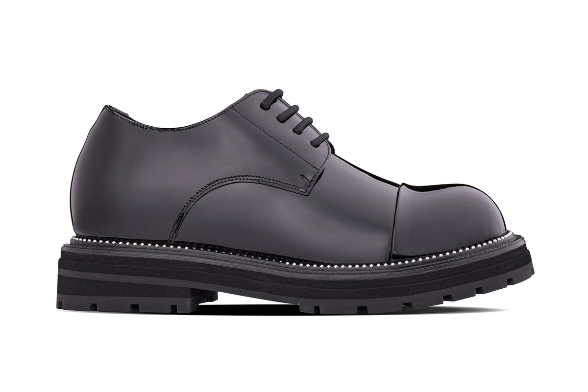 TOTO - W0983 - 3.3 Inches Taller (Black Patent Leather) - Low Top Chunky Sole Cap-Toe Casual Derbies