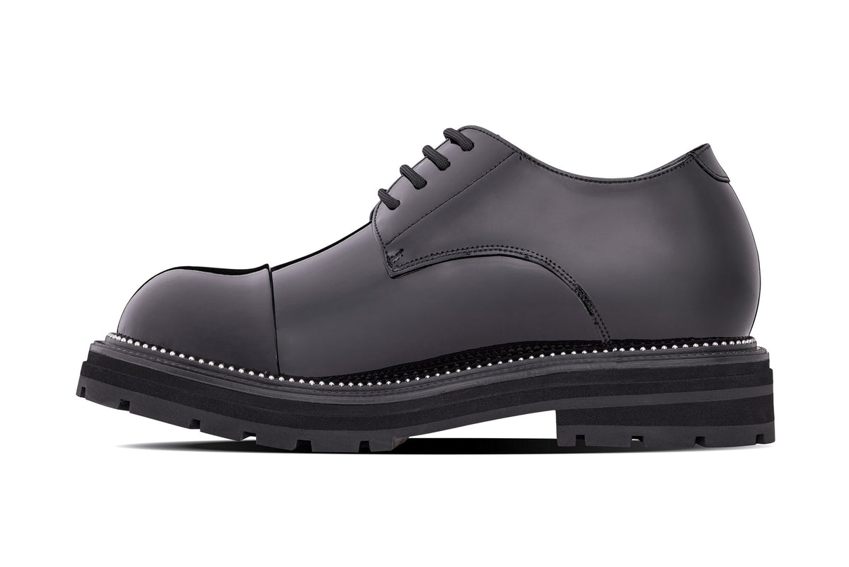 TOTO - W0983 - 3.3 Inches Taller (Black Patent Leather) - Low Top Chunky Sole Cap-Toe Casual Derbies