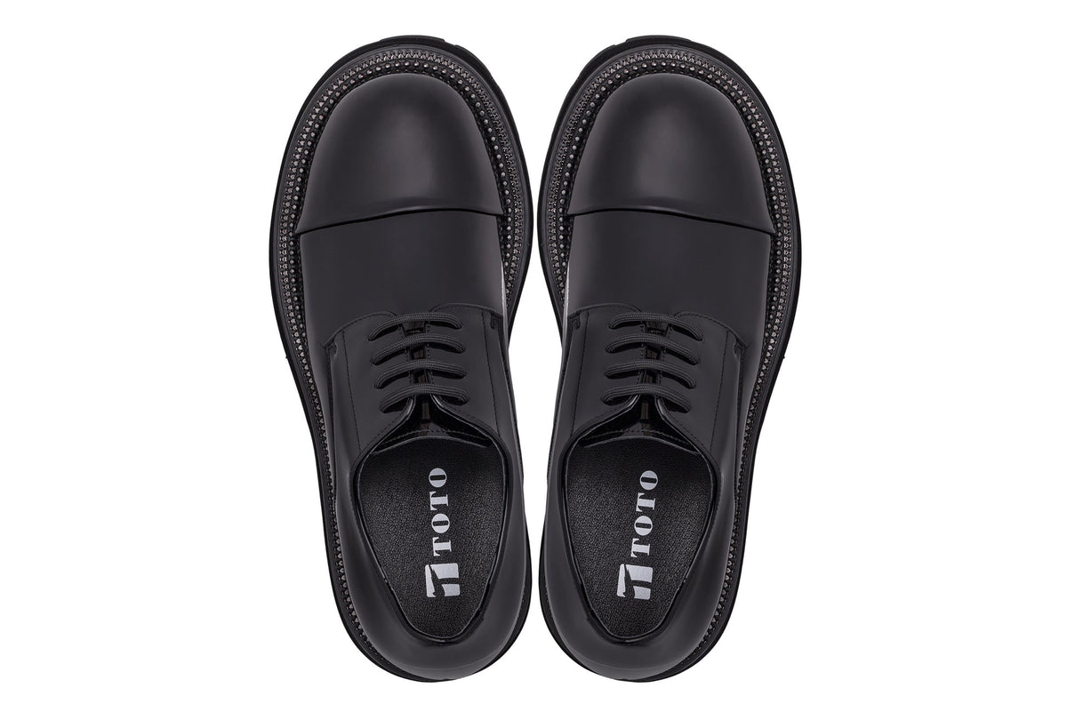 TOTO - W0983 - 3.3 Inches Taller (Black Patent Leather) - Low Top Chunky Sole Cap-Toe Casual Derbies