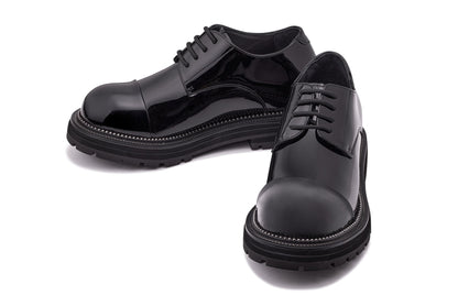 TOTO - W0983 - 3.3 Inches Taller (Black Patent Leather) - Low Top Chunky Sole Cap-Toe Casual Derbies