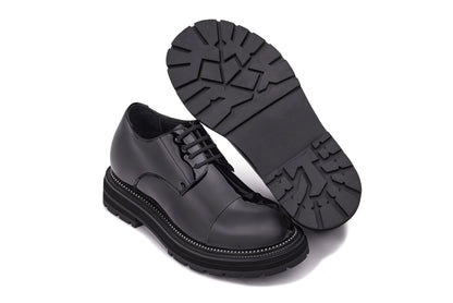 TOTO - W0983 - 3.3 Inches Taller (Black Patent Leather) - Low Top Chunky Sole Cap-Toe Casual Derbies