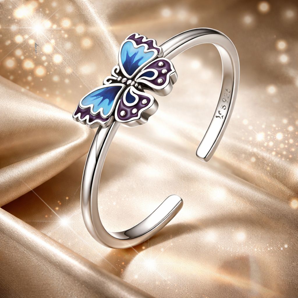 925 Sterling Silver Enamel Oxidized Silver Butterfly Rings