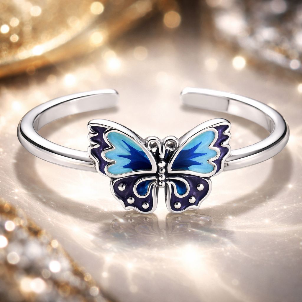 925 Sterling Silver Enamel Oxidized Silver Butterfly Rings