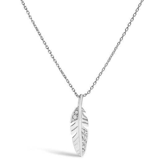 Pendentif Plume en Or Blanc 14 carats avec Accent de Diamant