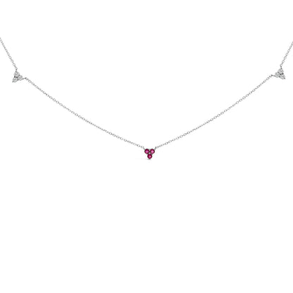 14K White Gold 1/5 Cttw Diamond and Ruby Tri Station Necklace