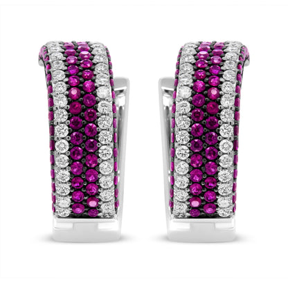 18K White Gold 1 7/8 Cttw Diamond and 1mm Round Red Ruby Open Swish Hoop Earrings (F-G Color, VS1-VS2 Clarity)