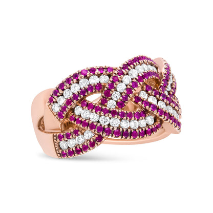 18K Rose Gold Red Ruby and 7/8 Cttw Diamond Woven Braided Band Ring (F-G Color, VS1-VS2 Clarity) - Ring Size 7