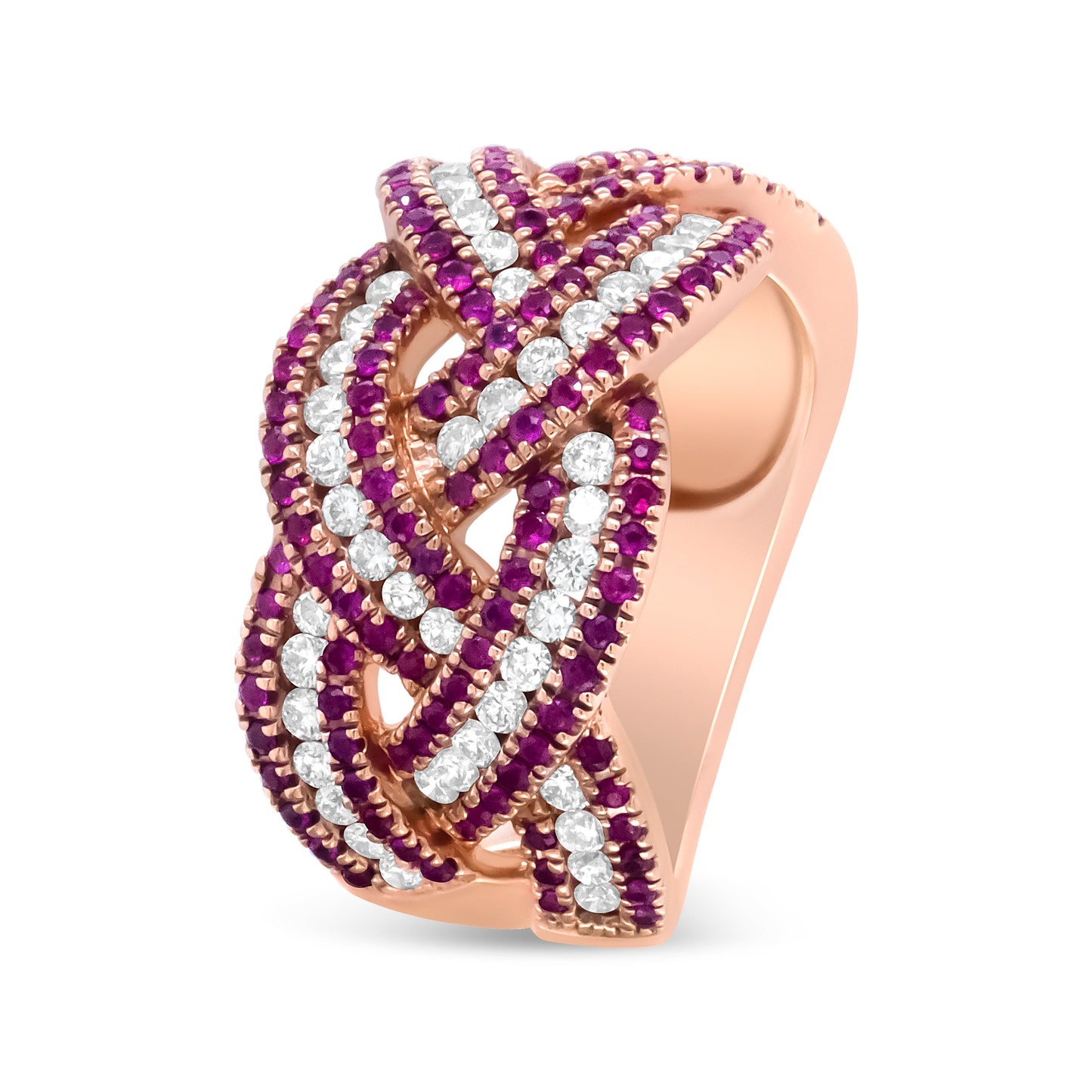 18K Rose Gold Red Ruby and 7/8 Cttw Diamond Woven Braided Band Ring (F-G Color, VS1-VS2 Clarity) - Ring Size 7