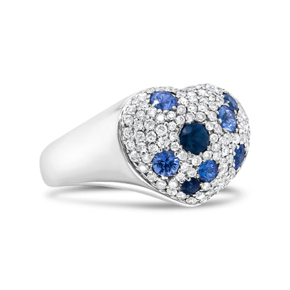 18K White Gold Blue Sapphire and 5/8 Cttw Diamond Cluster Heart Shaped  Ring (F-G Color, VS1-VS2 Clarity) - Size 7.5