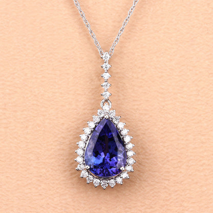 3.05 Carat Genuine Tanzanite and White Diamond 14K White Gold Pendant