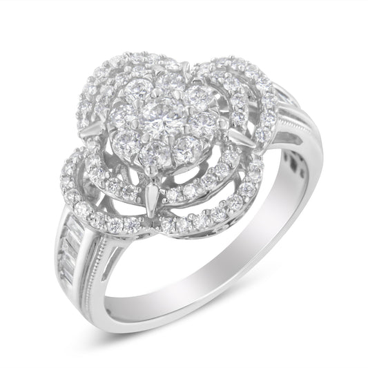 Bague cocktail à grappe florale avec diamants ronds et baguettes en or blanc 14 carats, serti clos, quatrefoil (couleur H-I, clarté SI2-I1) – Taille 6-3/4