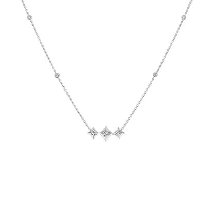 10K White Gold Bezel Set Princess Diamond 3 Stone Kite Shape and Station Necklace (H-I Color, SI2-I1 Clarity) - 18" Inches