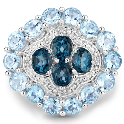 6.54 Carat Genuine London Blue Topaz, Blue Topaz and White Topaz .925 Sterling Silver Ring