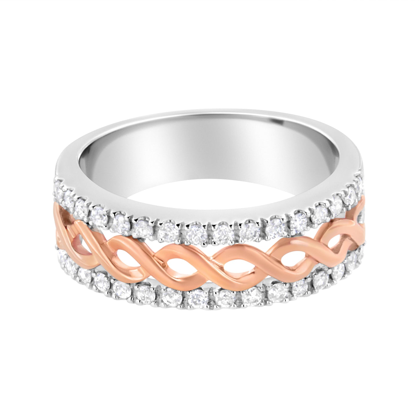 10K White and Rose Gold 1/3 Cttw Diamond Split Shank and Infinity Ribbon Band Ring (I-J Color, I1-I2 Clarity) - Size 6