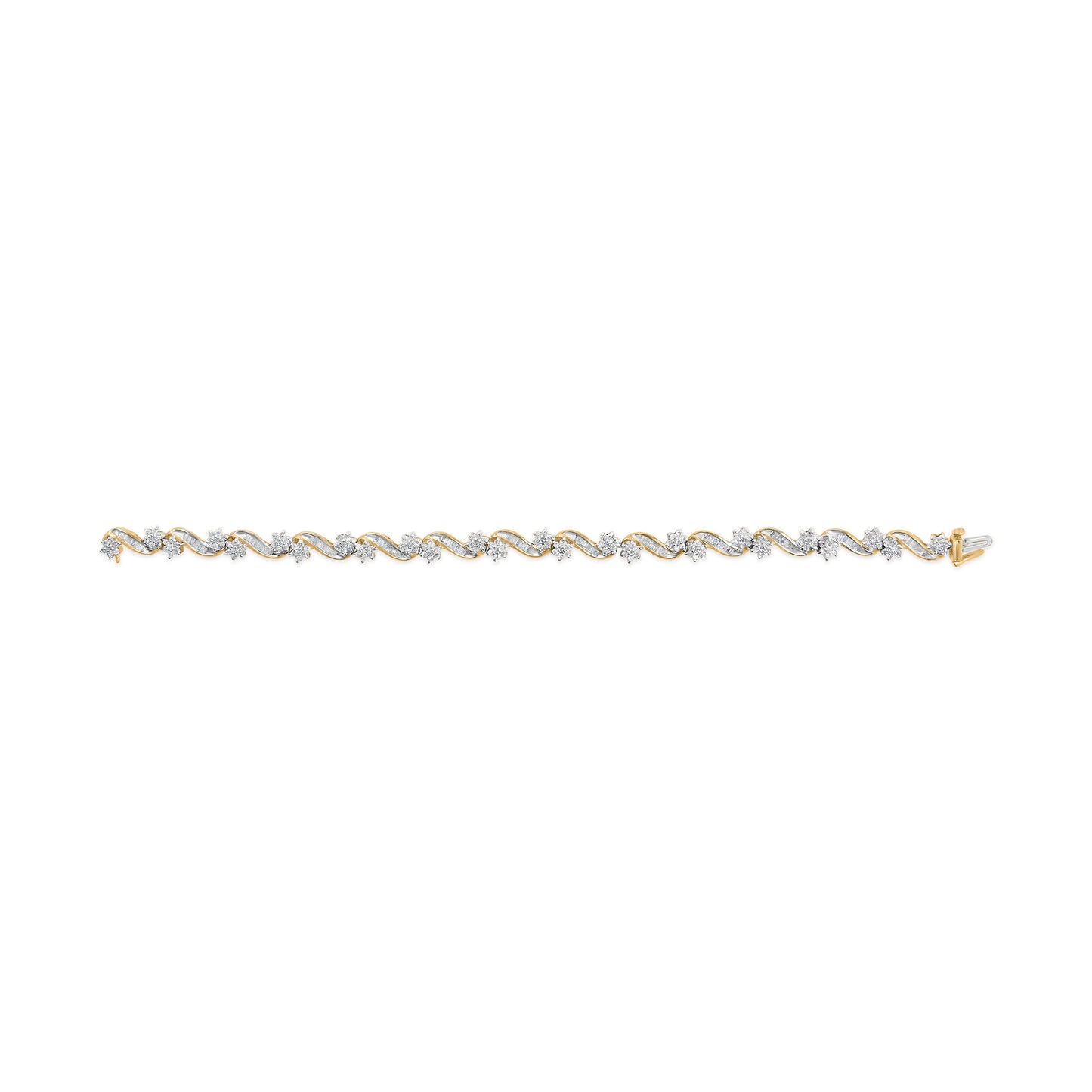 10k Yellow Gold 3.00 Cttw Round-Cut and Baguette-Cut Floral Link 7.25" Bracelet (I-J Color, I1-I2 Clarity)