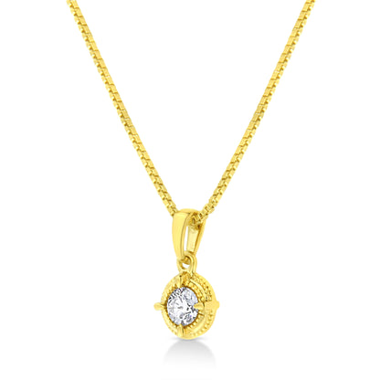 14K Yellow Gold Plated .925 Sterling Silver 1/2 Cttw Brilliant Round Cut Diamond Solitaire Milgrain 18" Pendant Necklace (K-L Color, I2-I3 Clarity)
