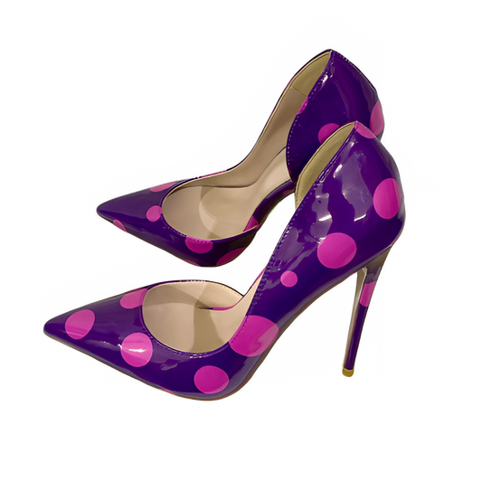 Zapatos de tacón de aguja Veowalk con corte lateral D'Orsay, puntera puntiaguda, de lunares, para mujer, morados, elegantes y cómodos, con tacón alto de 8 cm, 10 cm y 12 cm