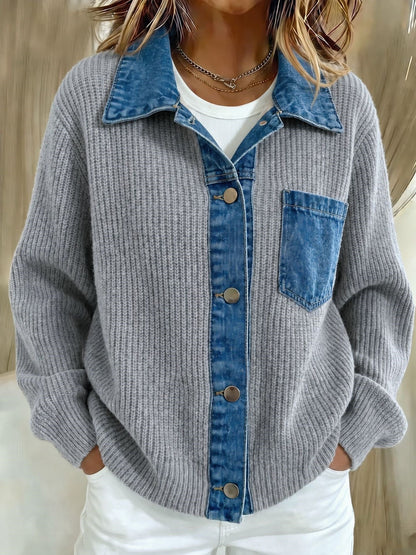 2026 European And American Cross-border Denim Patchwork Knit Cardigan For Women, Loose And Casual Style, Color-block Long-sleeve Sweater Jacket