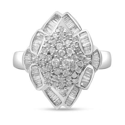 14K White Gold 7/8 Cttw Round and Baguette-Cut Diamond Cluster Ring (H-I Color, SI2-I1 Clarity) - Size 7