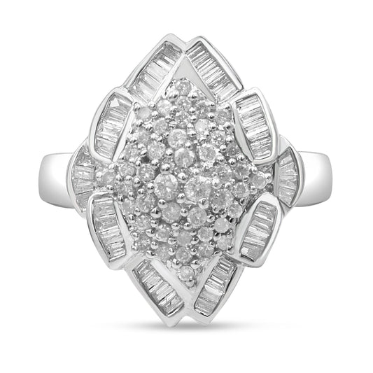 Bague grappe en or blanc 14 carats avec diamants ronds et baguettes de 0,87 carat au total (couleur H-I, pureté SI2-I1) - Taille 7
