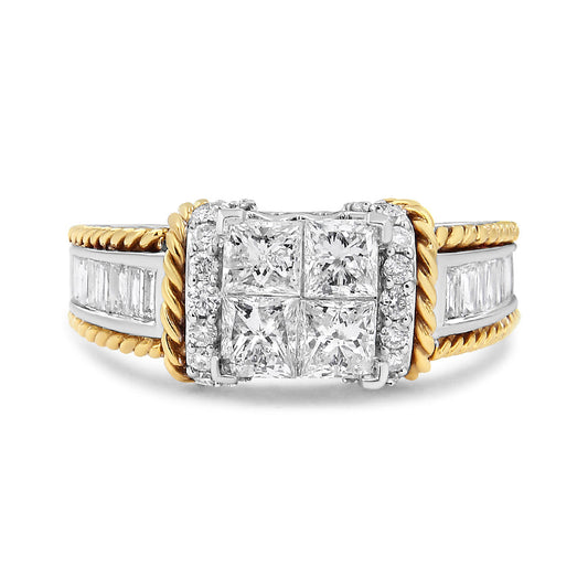 Bague de fiançailles en or blanc et jaune 14 carats, diamants princesse sertis invisibles, taille 1,5 carat total (couleur H-I, pureté SI2-I1) - Taille 7