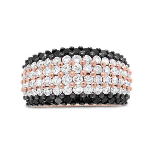 Bague à six rangs en or rose 18 carats ornée de diamants noirs et blancs de 2 1/5 carats (couleur F-G et noire, clarté VS1-VS2) - Taille 7