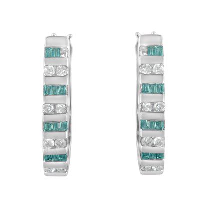 10k White Gold Round and Blue Baguette 1/2 cttw Diamond Hoop Earrings (I-J Color, I2-I3 Clarity)