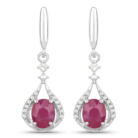 0.70 Carat Genuine Ruby and White Diamond 14K White Gold Earrings