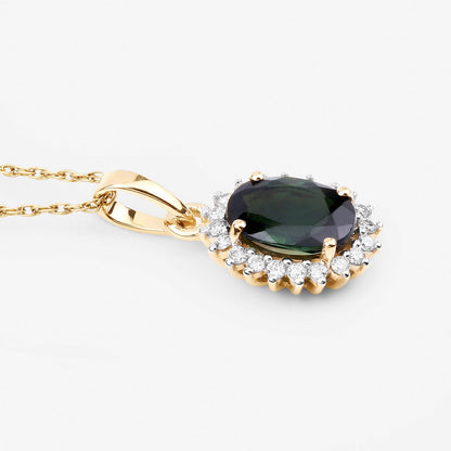 1.39 Carat Genuine Green Tourmaline and White Diamond 14K Yellow Gold Pendant