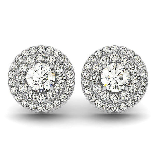 Boucles d'oreilles en or blanc 14 carats avec double halo et diamants ronds (1,25 carat total)