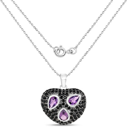 3.19 Carat Genuine Amethyst and Black Spinel .925 Sterling Silver Pendant