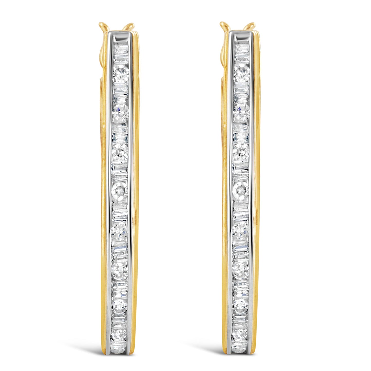 10K Yellow Gold 1.00 Cttw Round and Baguette-Cut Diamond U-Hoop Earrings (H-I Color, SI2-I1 Clarity)
