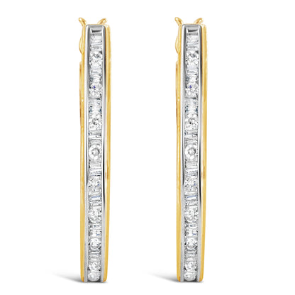 10K Yellow Gold 1.00 Cttw Round and Baguette-Cut Diamond U-Hoop Earrings (H-I Color, SI2-I1 Clarity)