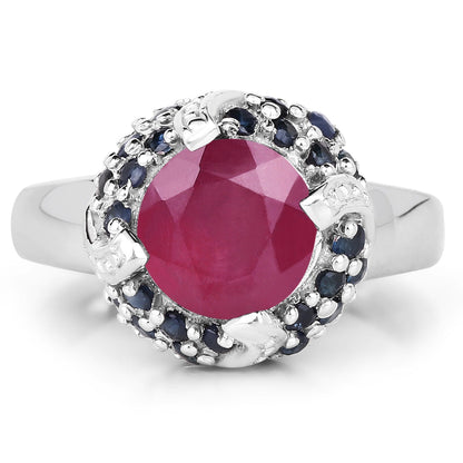 3.70 Carat Glass Filled Ruby and Blue Sapphire .925 Sterling Silver Ring