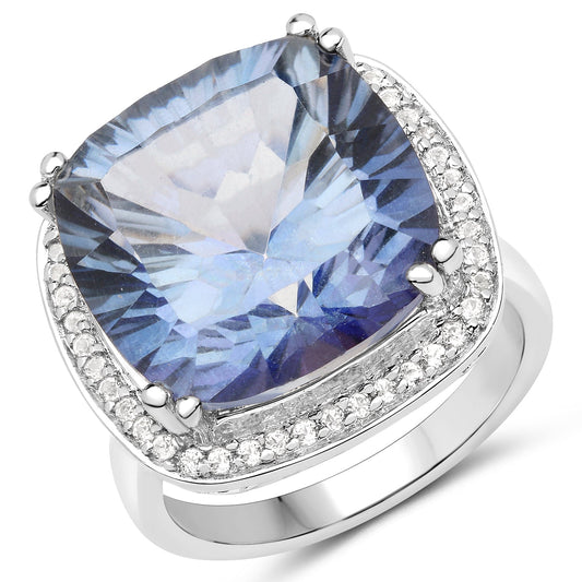 Bague en argent sterling 925 avec quartz mystique bleu véritable de 13,95 carats et topaze blanche