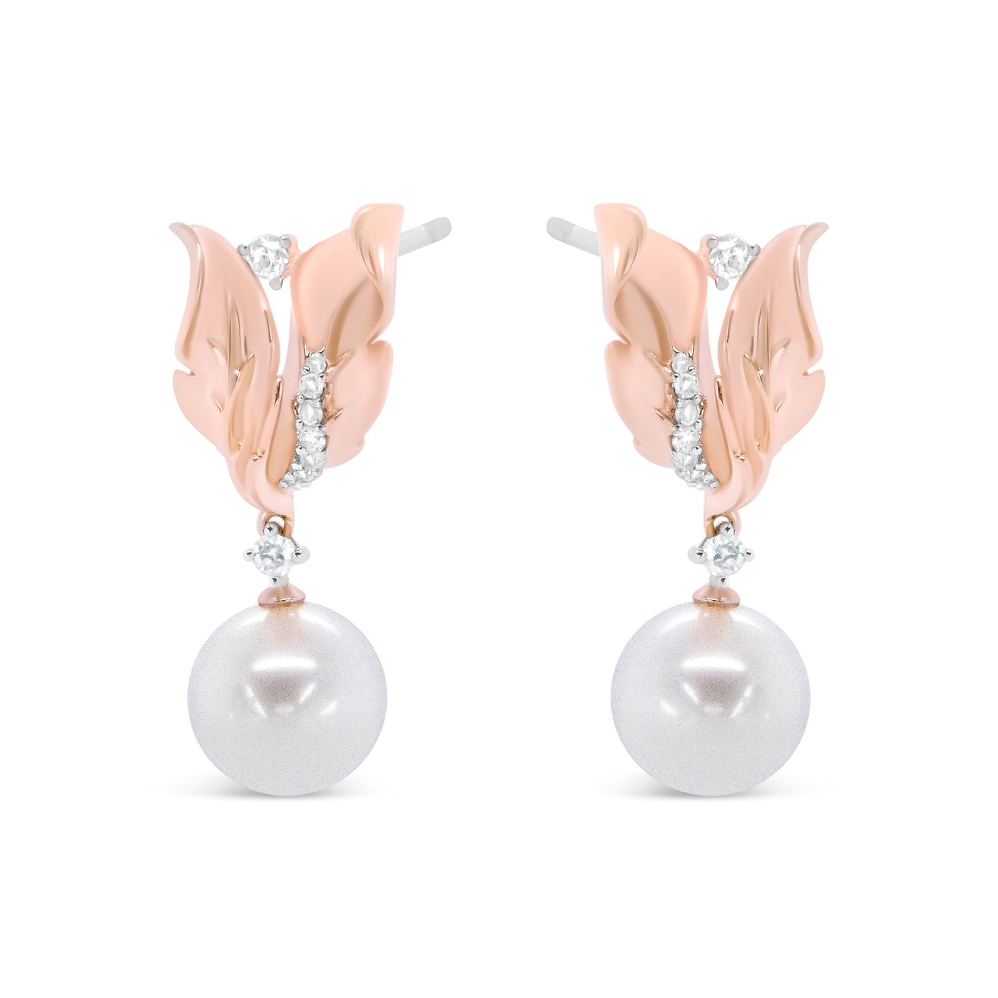 14K Rose Gold 1/6 Cttw Round Diamond and 8mm Round Pearl Floral Drop Stud Earrings (H-I Color, I1-I2 Clarity)