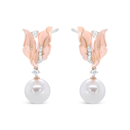 14K Rose Gold 1/6 Cttw Round Diamond and 8mm Round Pearl Floral Drop Stud Earrings (H-I Color, I1-I2 Clarity)