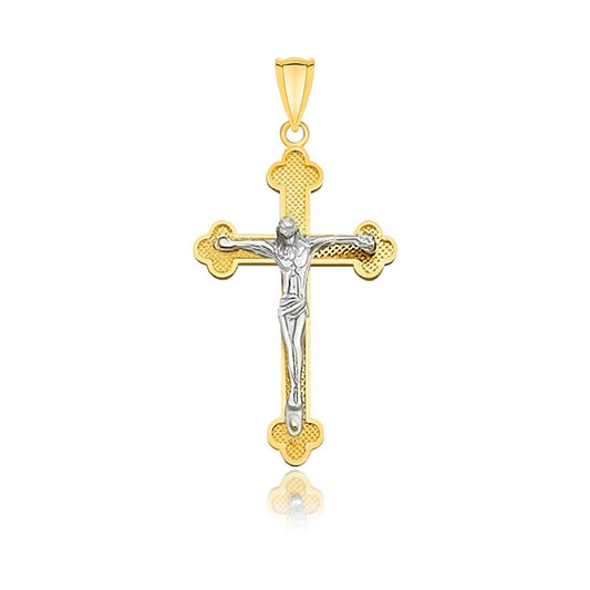 Pendentif en or deux tons 14 carats, petite croix de style fleuri avec figurine