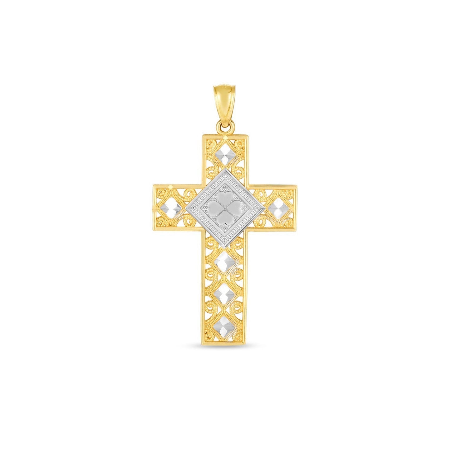 14k Two Tone Gold High Polish Diamond Cut Cross Pendant